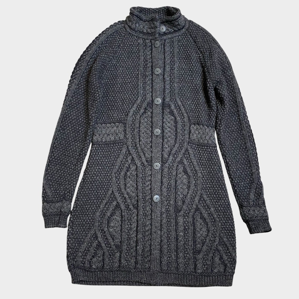 Aran Crafts Long Cardigan Wool Knit Women Size M Charcoal Gray Fisherman Irish